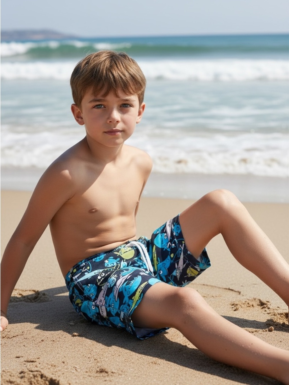 Boys Small Blue Shark Print Swim Trunks polyester lining pull-on elastic waist
